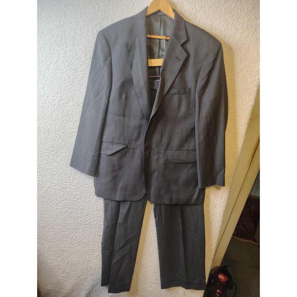 Mens Charcoal Gray Pinstripe Two Piece Suit Pleated Trousers Cuffed Hem